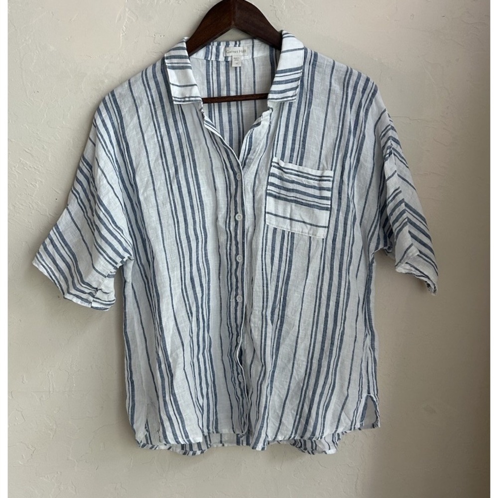 Garnet Hill 100% Linen Striped Button Up Top 12 Nautical Beach Resort Preppy